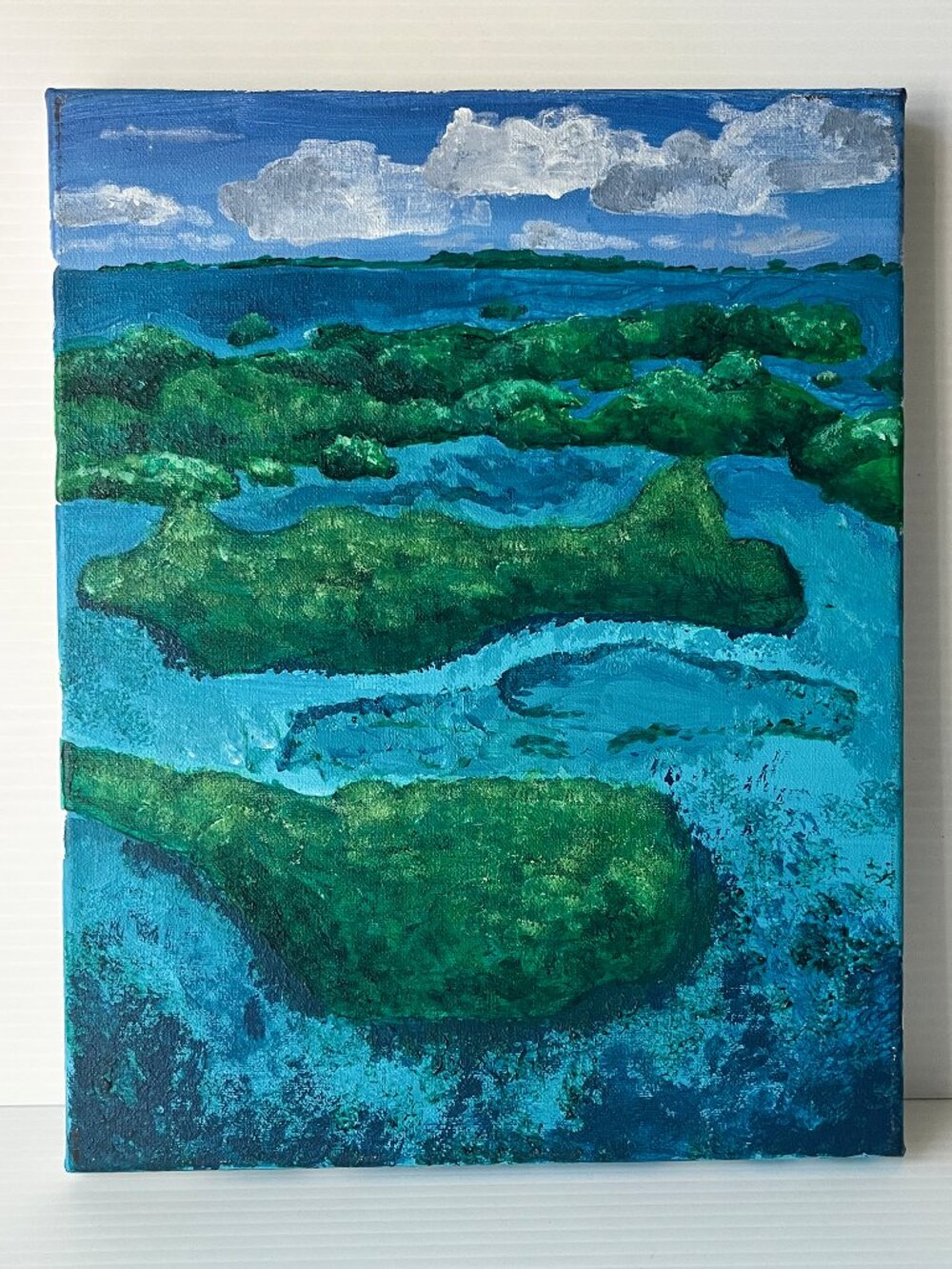 Original Aerial Ocean Island Landscape Painting Acrylic Canvas Signed 2003